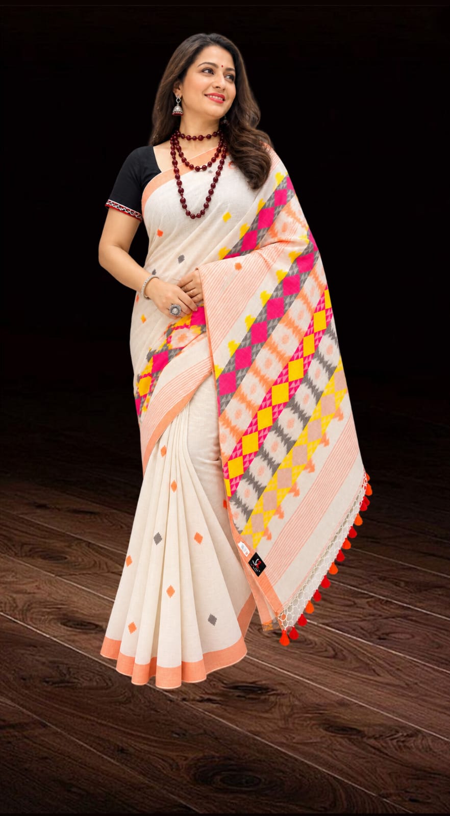 Handwoven Pure Linen Saree ( White )