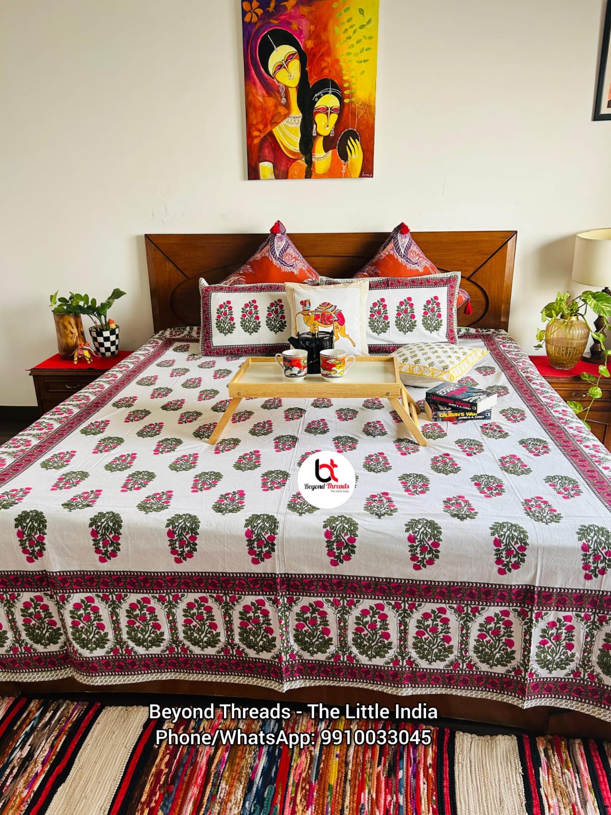 Handcrafted Mughal Floral Bush Hand-Block Printed Cotton Bedsheet Set