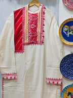 Handcrafted Off-White & Red Cotton Men's Kurta with Festive Yoke