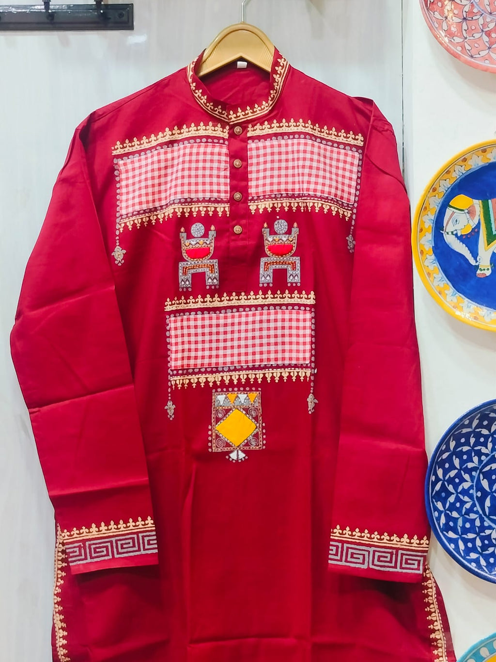 Handcrafted Crimson Red Cotton Men's Kurta with Gamcha Patchwork Yoke