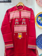 Handcrafted Crimson Red Cotton Men's Kurta with Gamcha Patchwork Yoke