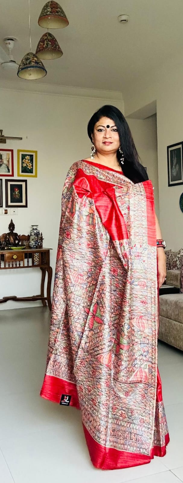 Handpainted Madhubani Tussar Gicha(Red)