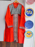 Handcrafted Rust Red Cotton Men's Kurta with Ikat & Fish Print Yoke