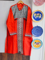 Handcrafted Rust Red Cotton Men's Kurta with Ikat & Fish Print Yoke