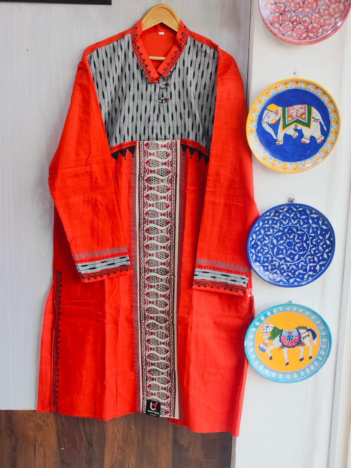 Handcrafted Rust Red Cotton Men's Kurta with Ikat & Fish Print Yoke