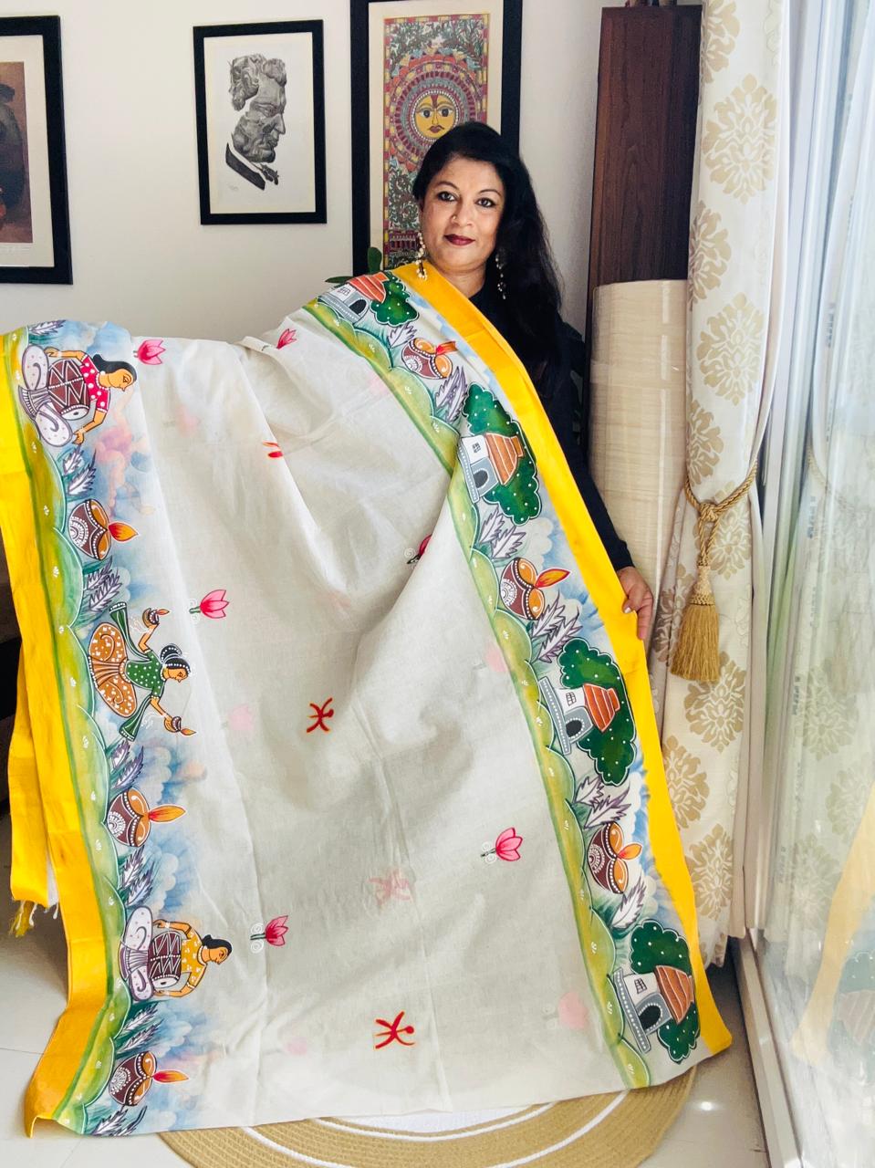 Hand-Painted Cotton Durga Puja Saree - Elephant Arrival Edition