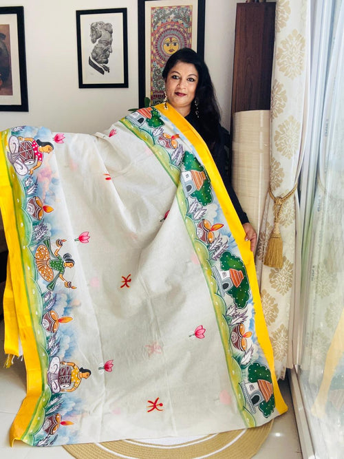 Hand-Painted Cotton Durga Puja Saree - Elephant Arrival Edition