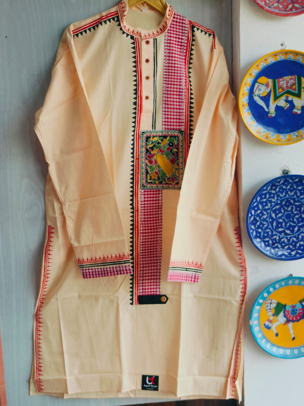 Handcrafted Light Apricot Cotton Men's Kurta with Madhubani Peacock Yoke