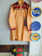 Handcrafted Cream Peach Cotton Men's Kurta with Folk Art Applique Yoke