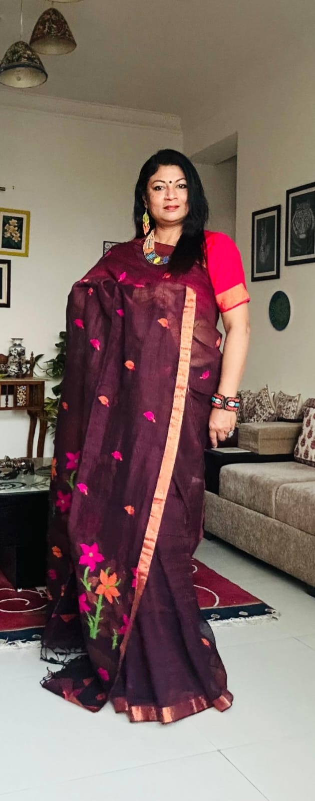 Handwoven Pure Linen Saree (Dark Brown)
