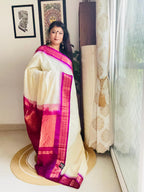 Handcrafted White Gadwal Cotton Saree with Magenta Zari Border