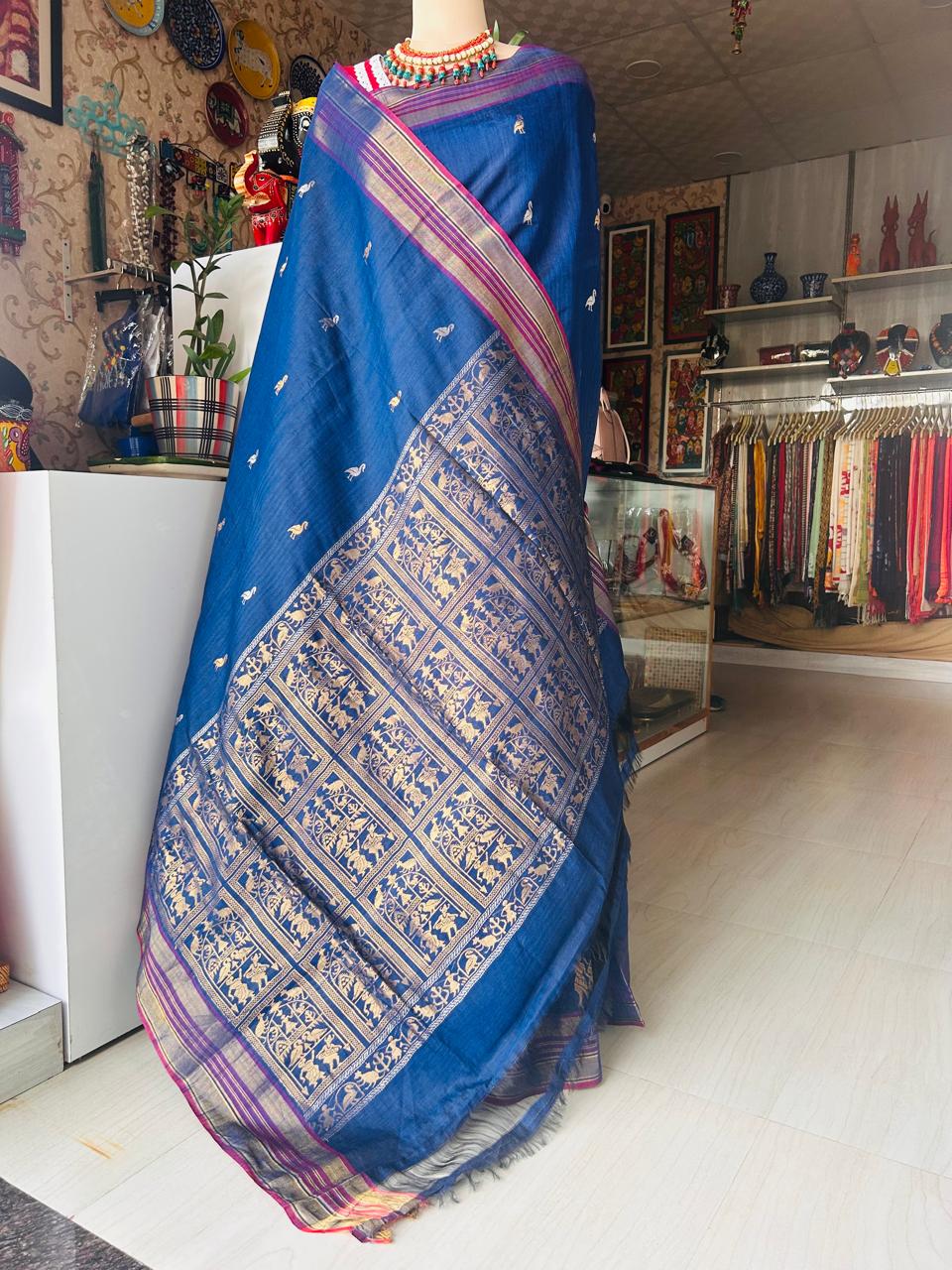 Handcrafted Ink Blue Silk Saree with Tribal Weave Pallu