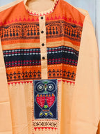 Handcrafted Peach Cotton Men's Kurta with Warli & Kantha AppliquŽ Yoke
