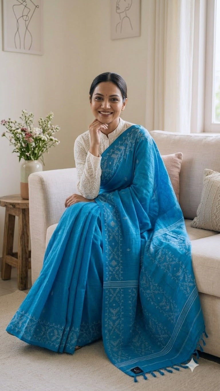 Handwoven Tussar Jamdani (Blue)