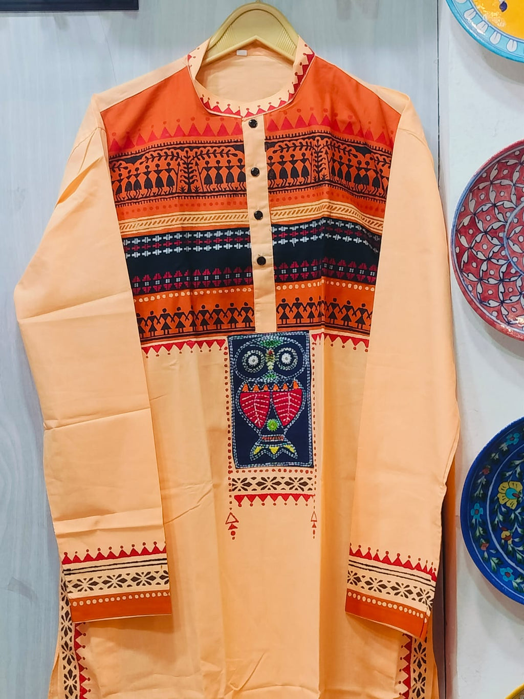Handcrafted Peach Cotton Men's Kurta with Warli & Kantha AppliquŽ Yoke