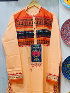 Handcrafted Peach Cotton Men's Kurta with Warli & Kantha AppliquŽ Yoke