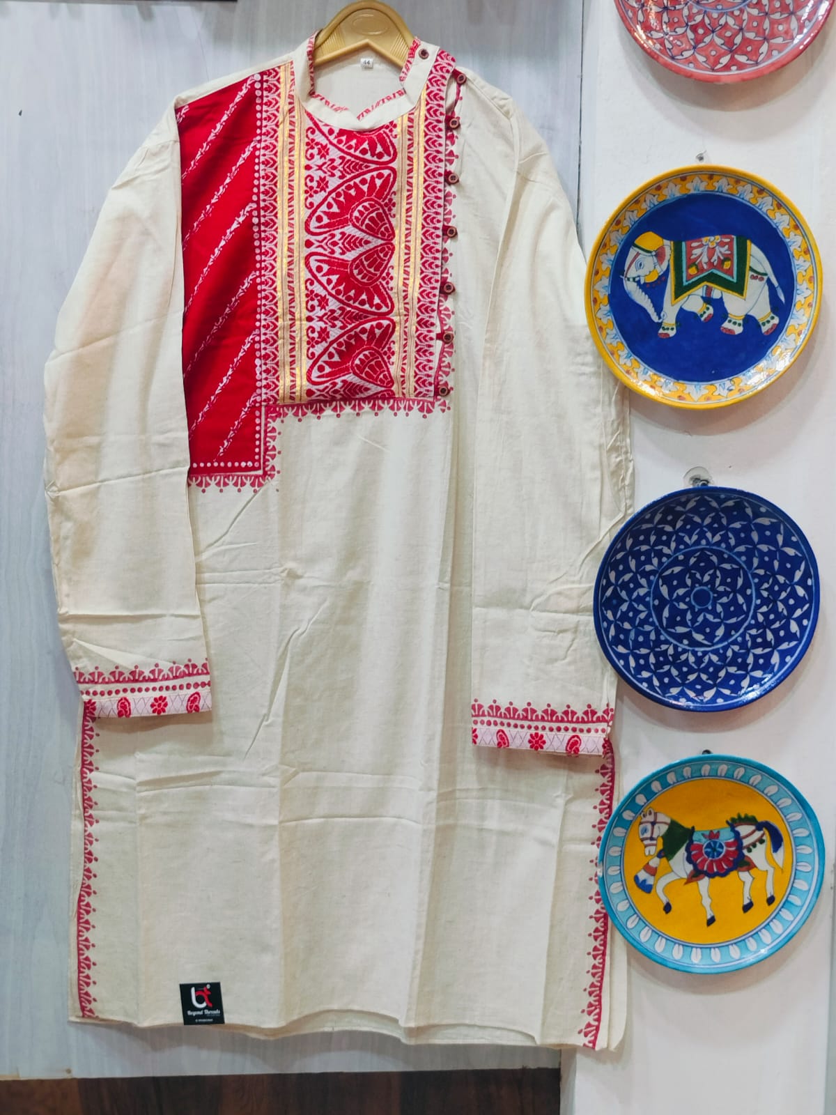 Handcrafted Off-White & Red Cotton Men's Kurta with Festive Yoke