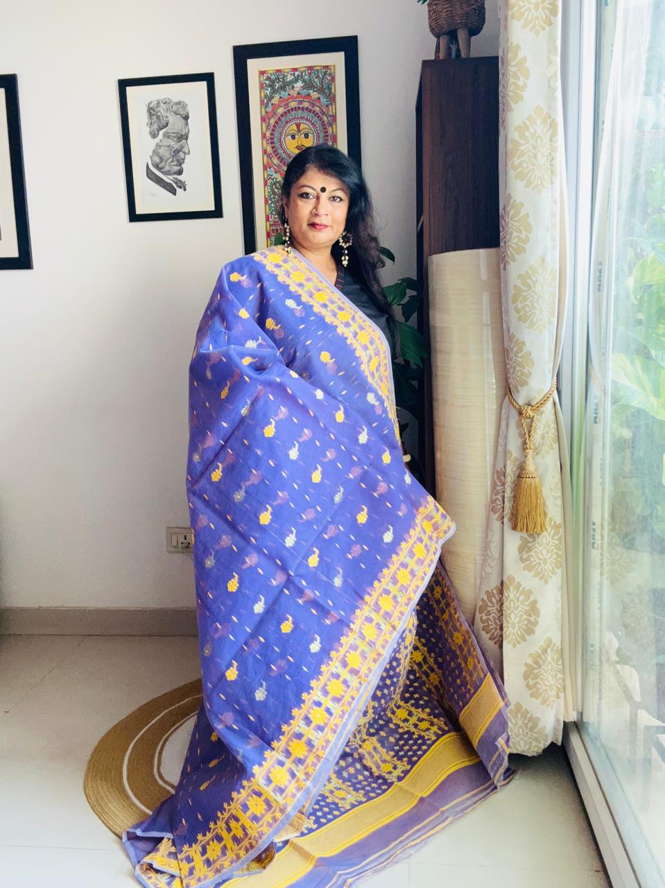 Handcrafted Violet Blue Cotton Bengal Jamdani Saree with Yellow Motifs