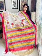 Handcrafted Off-White Cotton Fusion Saree – Sun & Kalash Edition