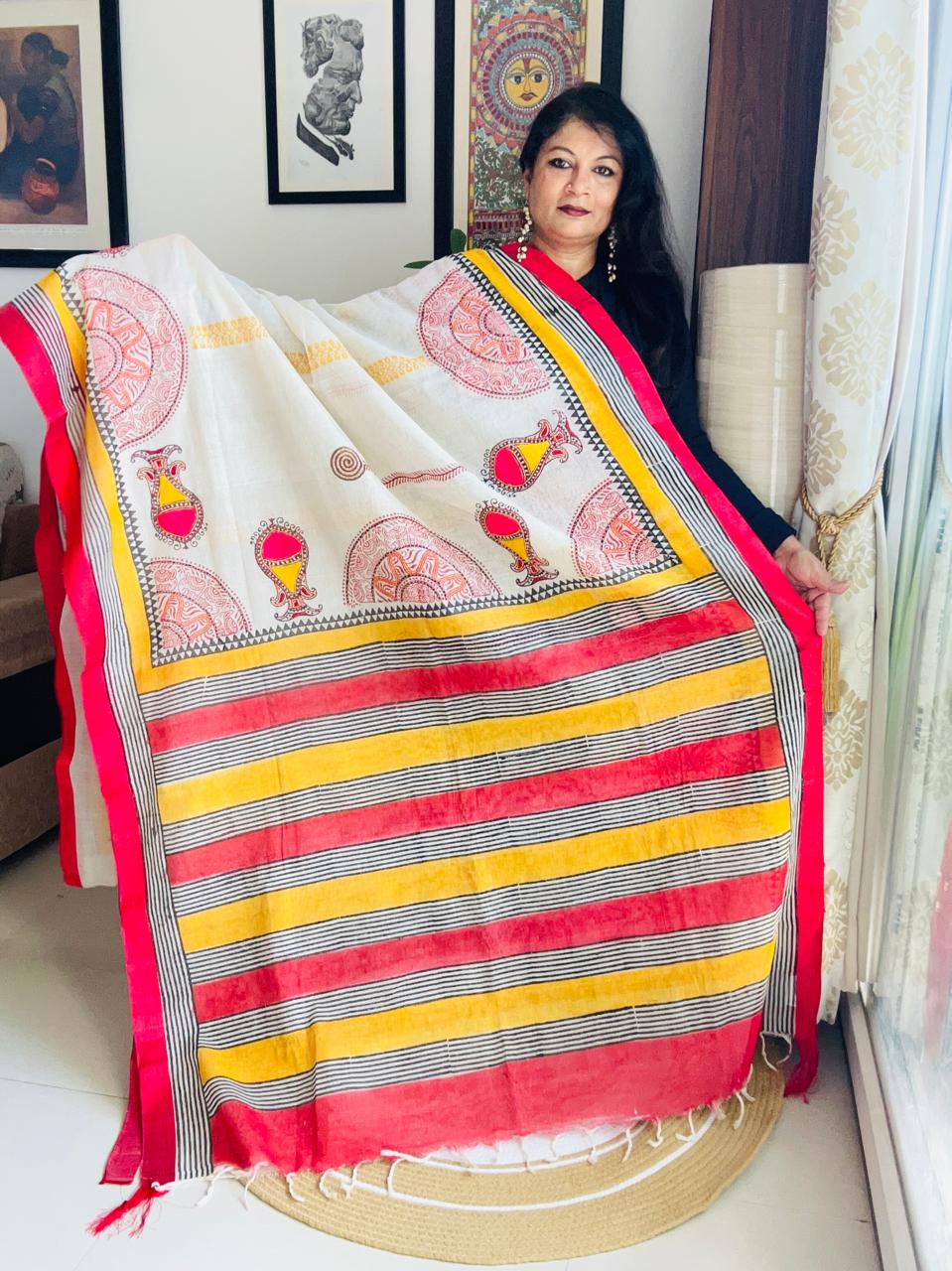 Handcrafted Off-White Cotton Fusion Saree – Sun & Kalash Edition