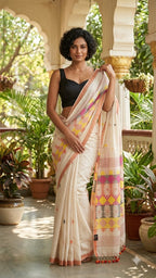 Handwoven Pure Linen Saree ( White )