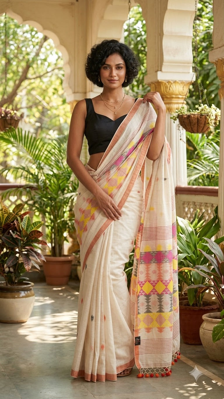 Handwoven Pure Linen Saree ( White )