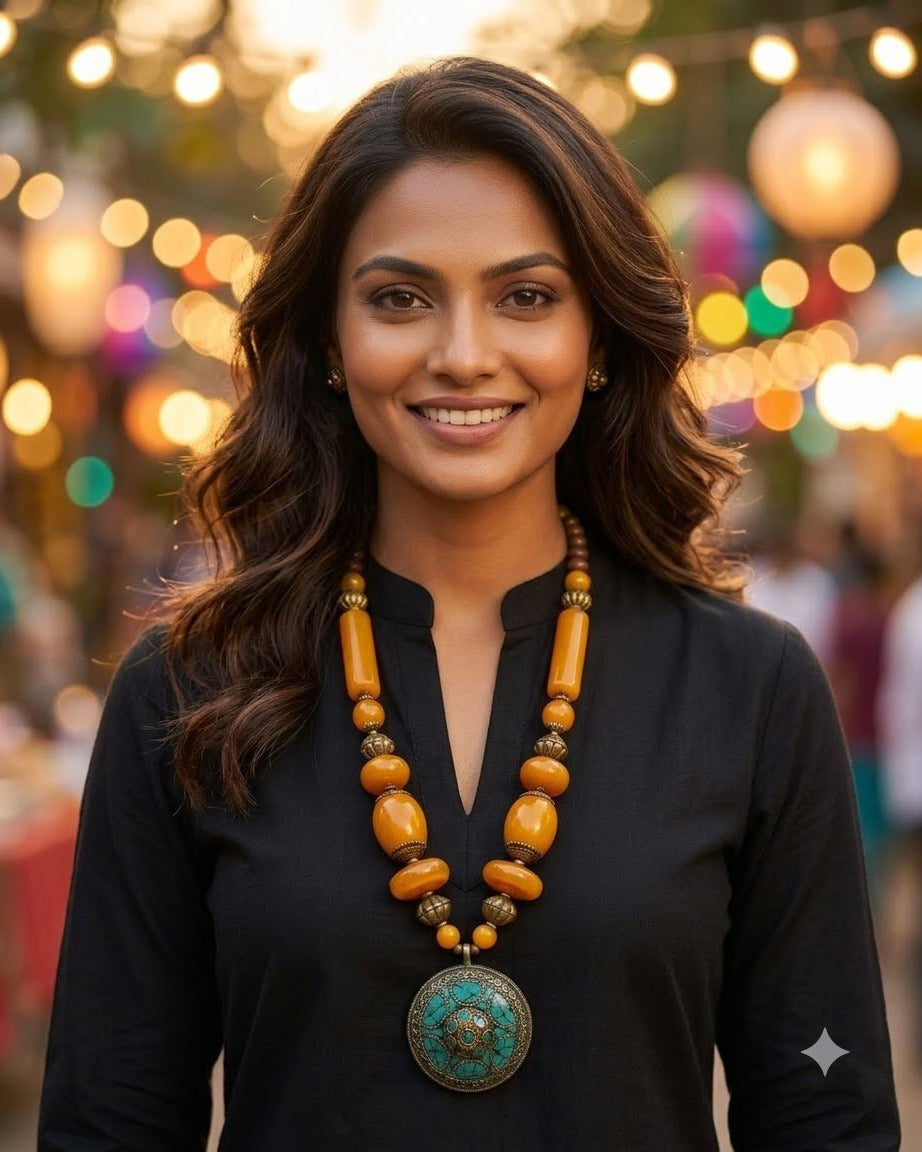 Handcrafted Amber Beaded Necklace with Turquoise Ornate Pendant