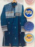 Handcrafted Deep Indigo Cotton Men's Kurta with Warli Art & Chevron Yoke