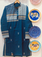 Handcrafted Deep Indigo Cotton Men's Kurta with Warli Art & Chevron Yoke