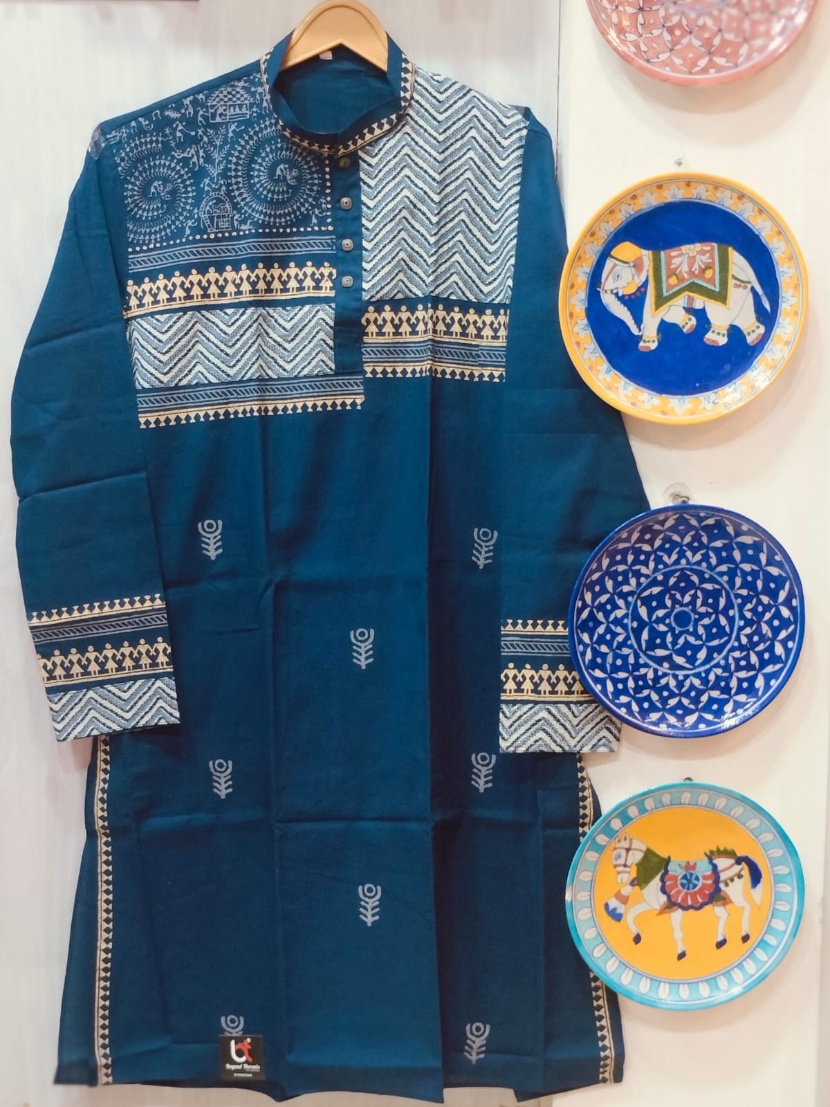 Handcrafted Deep Indigo Cotton Men's Kurta with Warli Art & Chevron Yoke