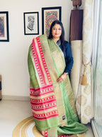 Handcrafted Sage Green Tussar Silk Saree with Temple Print Pallu