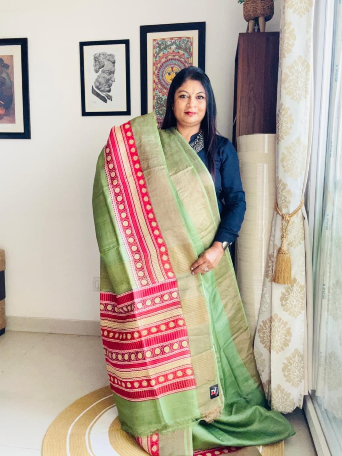 Handcrafted Sage Green Tussar Silk Saree with Temple Print Pallu