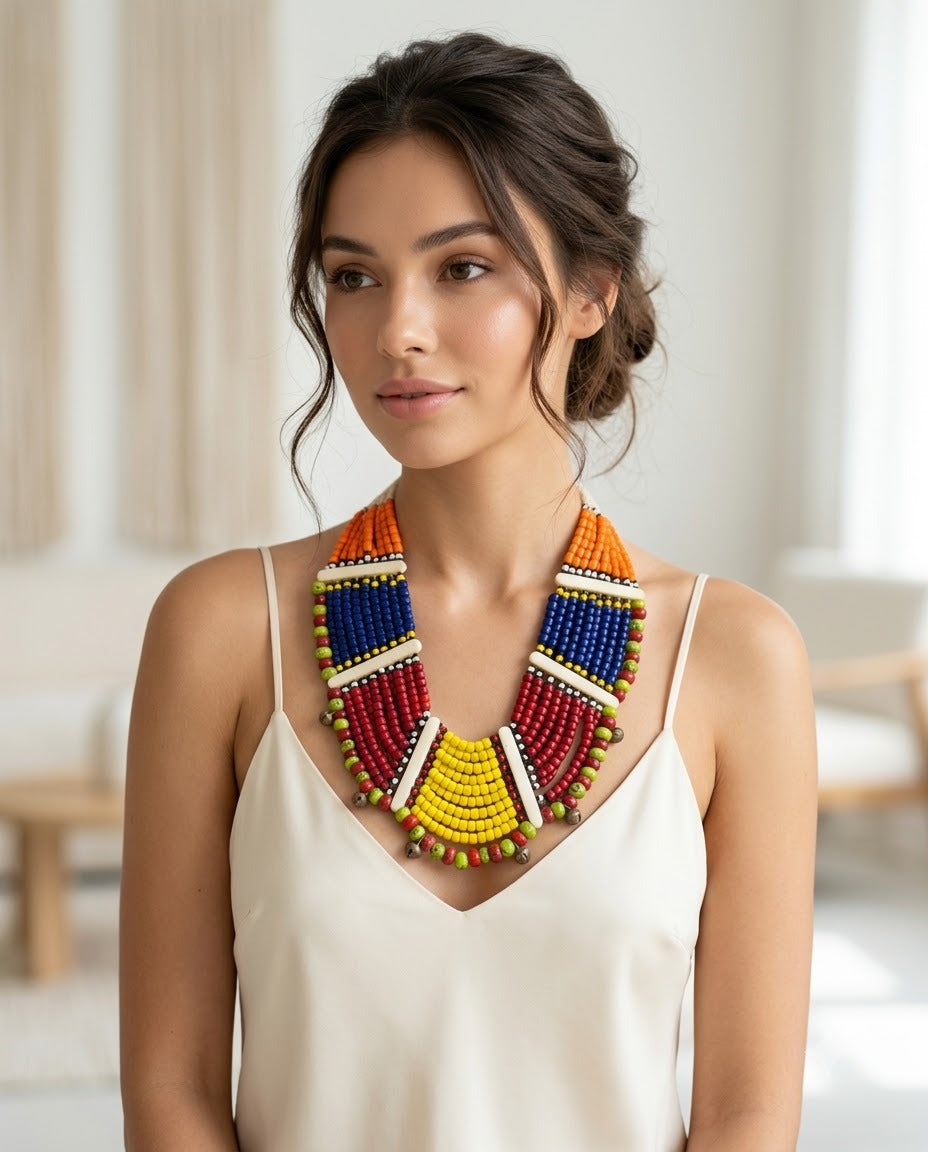 Handcrafted Indie Heritage Multi-Strand Colorful Beaded Bib Necklace