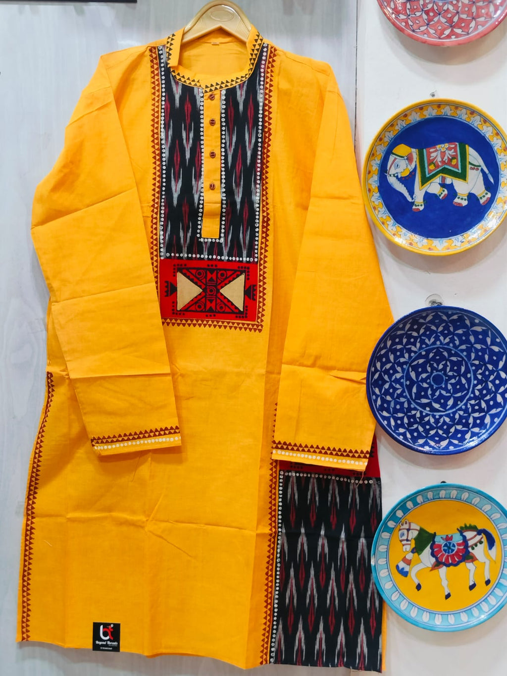 Handcrafted Sunshine Yellow Cotton Men's Kurta with Double Ikat Yoke