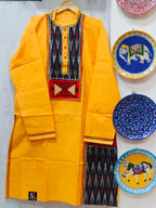 Handcrafted Sunshine Yellow Cotton Men's Kurta with Double Ikat Yoke