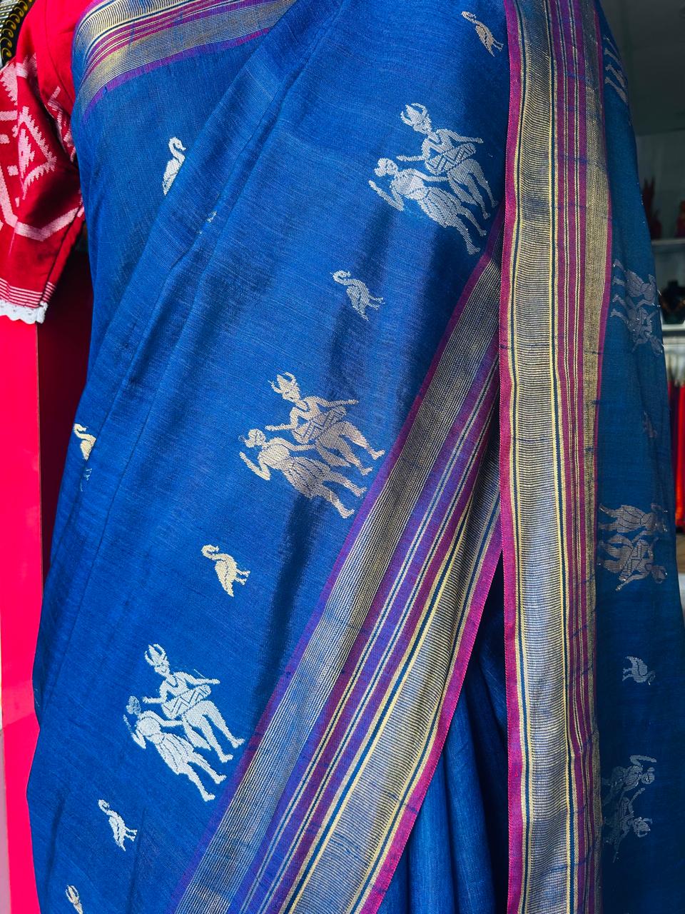 Handcrafted Ink Blue Silk Saree with Tribal Weave Pallu