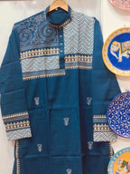 Handcrafted Deep Indigo Cotton Men's Kurta with Warli Art & Chevron Yoke