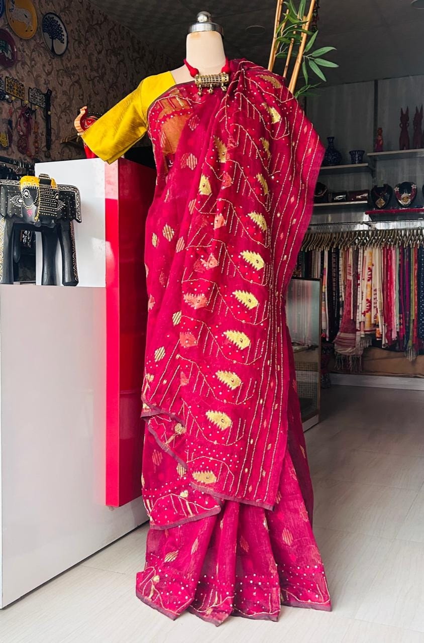 Handcrafted Rani Pink Jamdani Saree with Cutdana Work