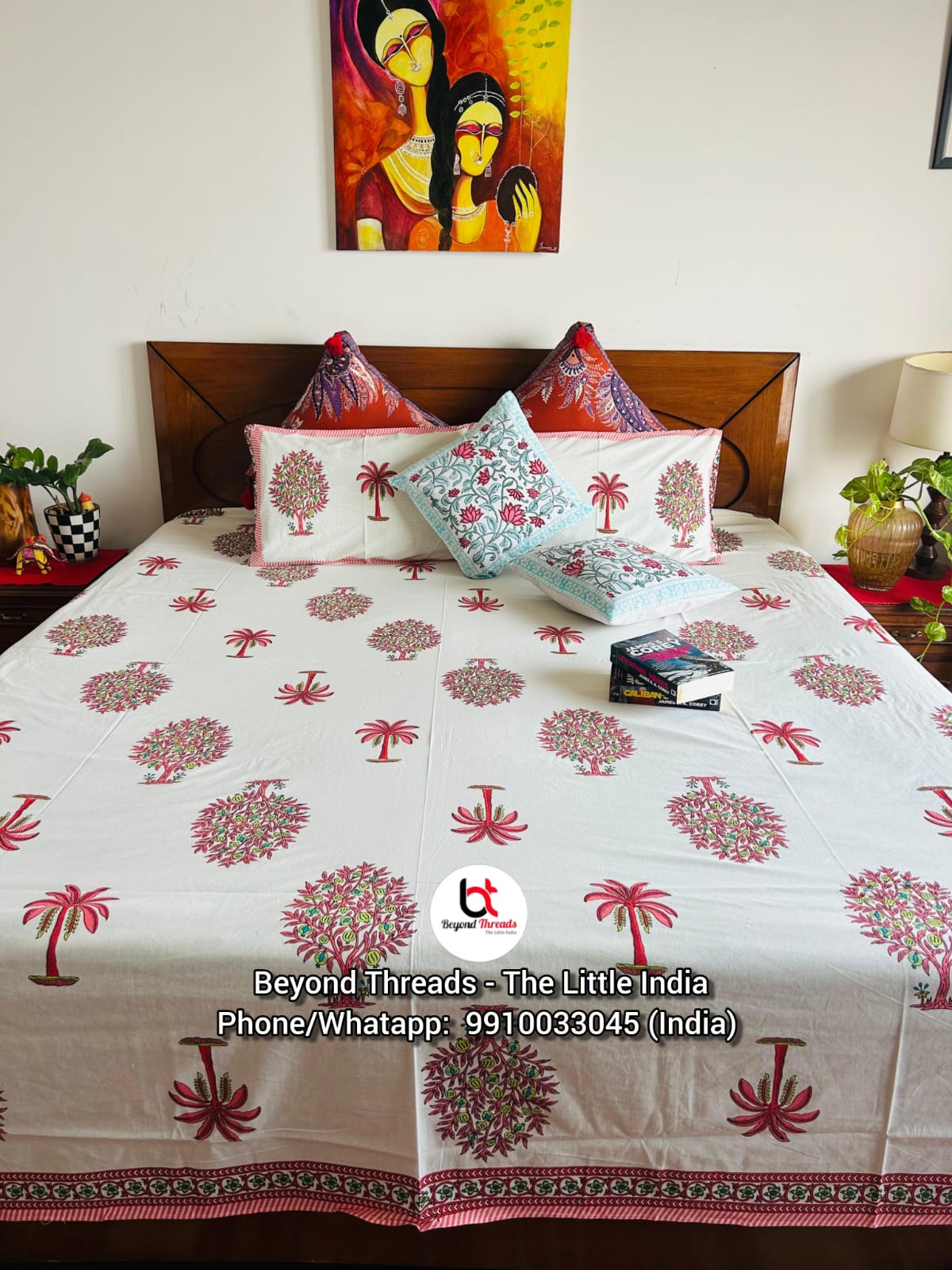 Handcrafted Mughal Tree of Life & Palm Hand-Block Printed Cotton Bedsheet Set