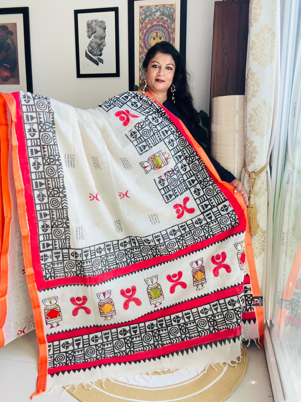 Handcrafted Off-White Cotton Fusion Saree with Tribal Block Print & Appliqué
