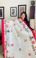 Hand-Painted Cotton Durga Puja Saree - Mahishasuramardini Arch Edition