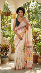Handwoven Pure Linen Saree ( White )