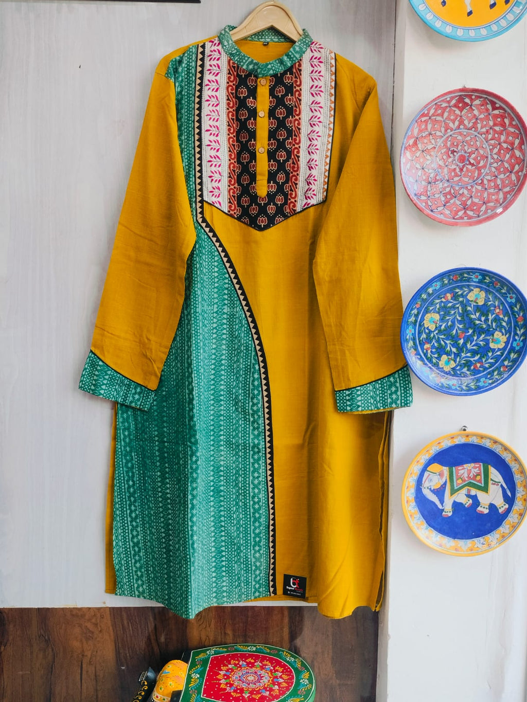 Gents Handcrafted Ochre Yellow Cotton Kurta with Asymmetrical Ajrakh Panel