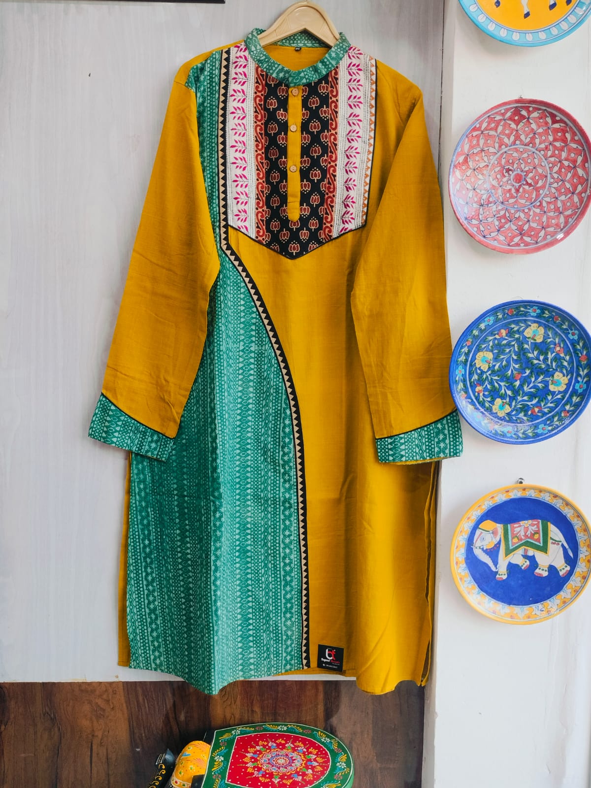 Gents Handcrafted Ochre Yellow Cotton Kurta with Asymmetrical Ajrakh Panel
