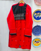 Handcrafted Crimson Red Cotton Men's Kurta with Kantha Embroidered Yoke