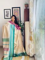 Handcrafted Vidarbha Tussar Saree with Magenta & Leaf Green Karvati Border