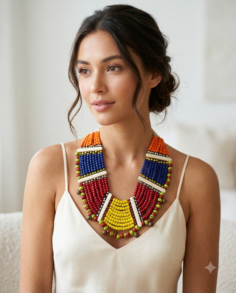 Handcrafted Indie Heritage Multi-Strand Colorful Beaded Bib Necklace