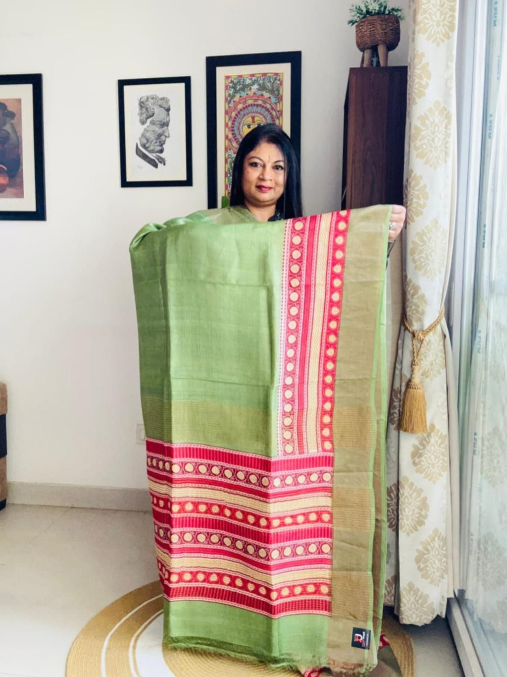 Handcrafted Sage Green Tussar Silk Saree with Temple Print Pallu