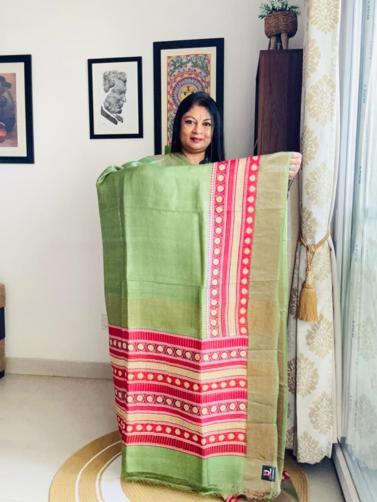 Handcrafted Sage Green Tussar Silk Saree with Temple Print Pallu