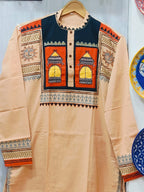 Handcrafted Light Apricot Cotton Men's Kurta with Madhubani Lantern Yoke